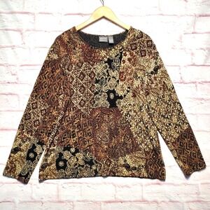 Additions by Chicos Top Womens XL‎ Patchwork Gold Shine Floral Boho Pullover Top
